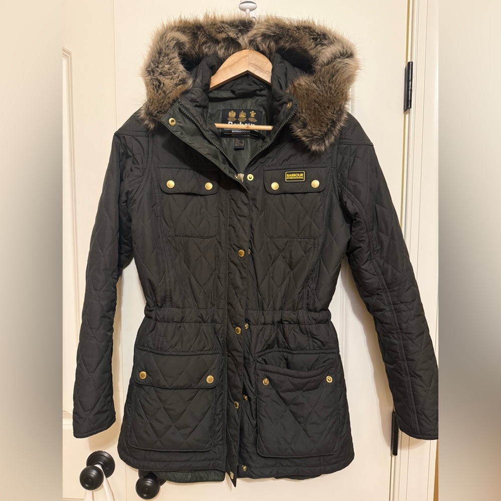 Barbour Women's dark green Quilted Jacket with Fur Trim